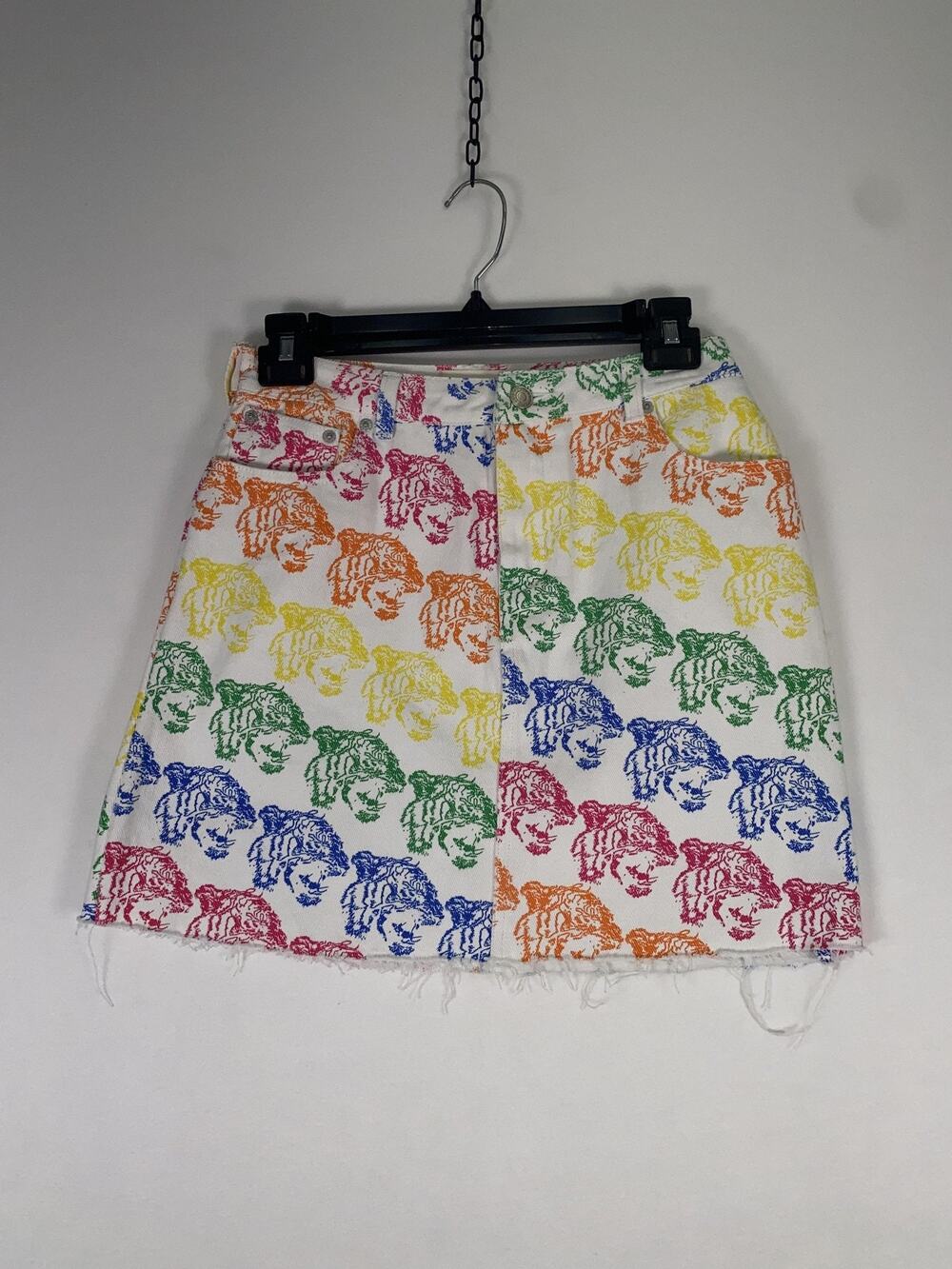Morgan Claire Skirt Womens Large Multicolor Animal Print Denim Mini Frayed Hem
